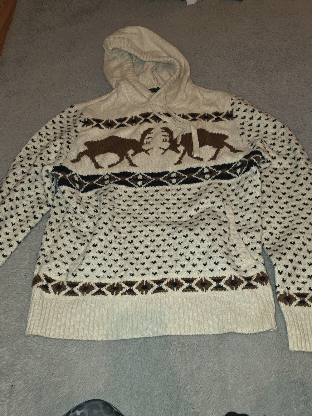 American Eagle Outfitters Cream and Brown Reindeer Fair Isle Crewneck Hoodie
